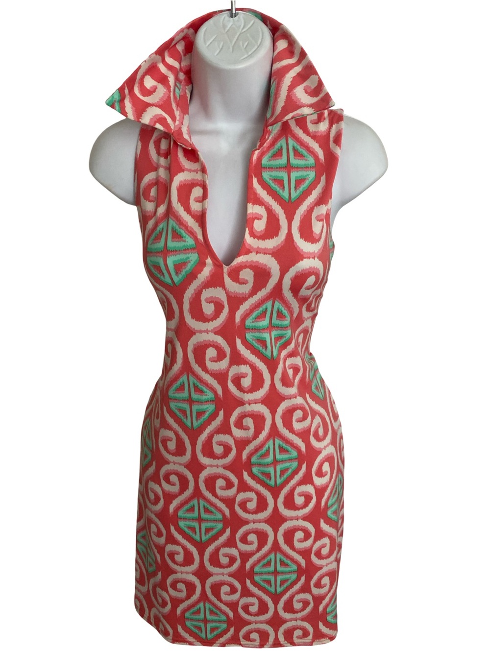 Tracy Negoshian Coral and Mint Geometric Mini Dress